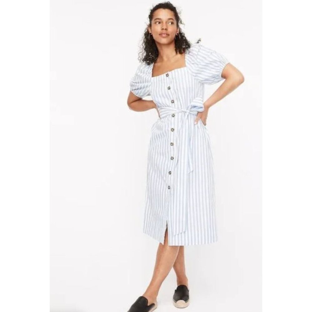 J. Crew Cottage Striped Cotton Button Front Midi Dress Blue White XXL NEW